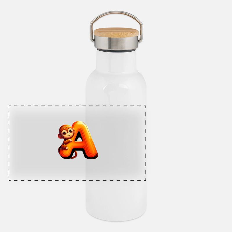 Fröhlicher Affe mit leuchtendem Buchstaben A Panorama Thermosflasche mit Bambusdeckel