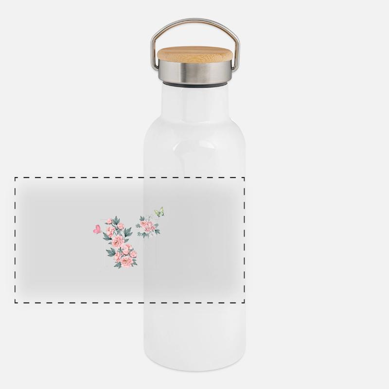 Buchstabe m rosa Blumen Panorama Thermosflasche mit Bambusdeckel