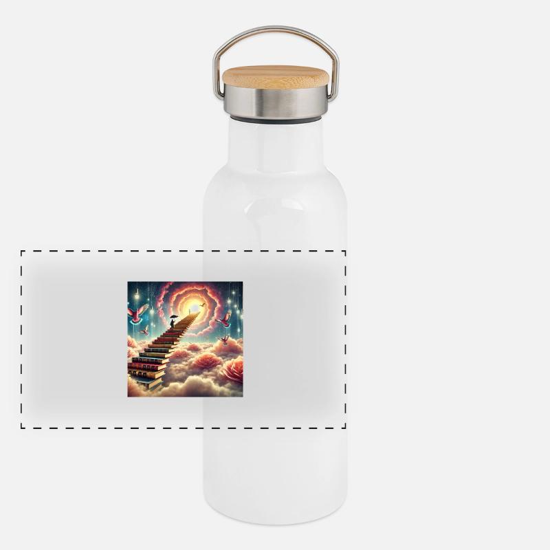 Die Treppe der Bücher Panorama Thermosflasche mit Bambusdeckel