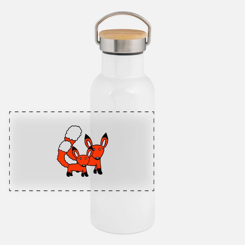 2 Füchse Mutter Rotfuchs Kleines Kind Vater Mama Panorama Thermosflasche mit Bambusdeckel