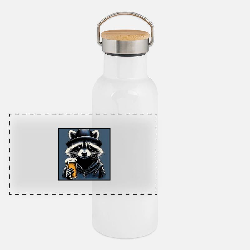 Waschbär mit Bier Panorama Thermosflasche mit Bambusdeckel