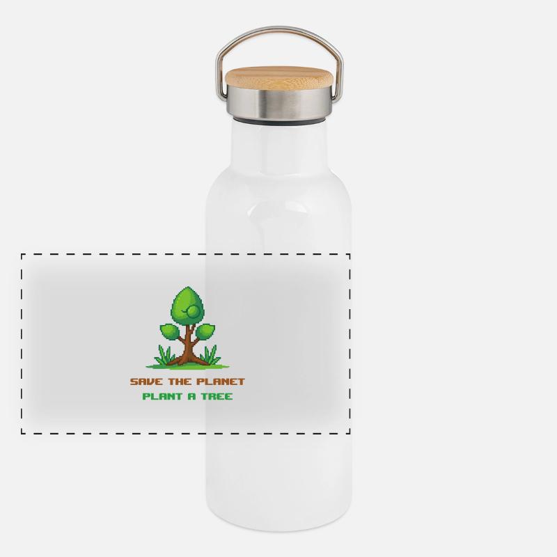 Arbre en pixel art "save the planet, plant a tree" Gourde isotherme avec bouchon en bambou