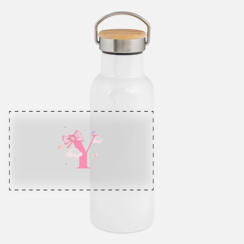 Buchstabe y rosa Wolken Panorama Thermosflasche mit Bambusdeckel
