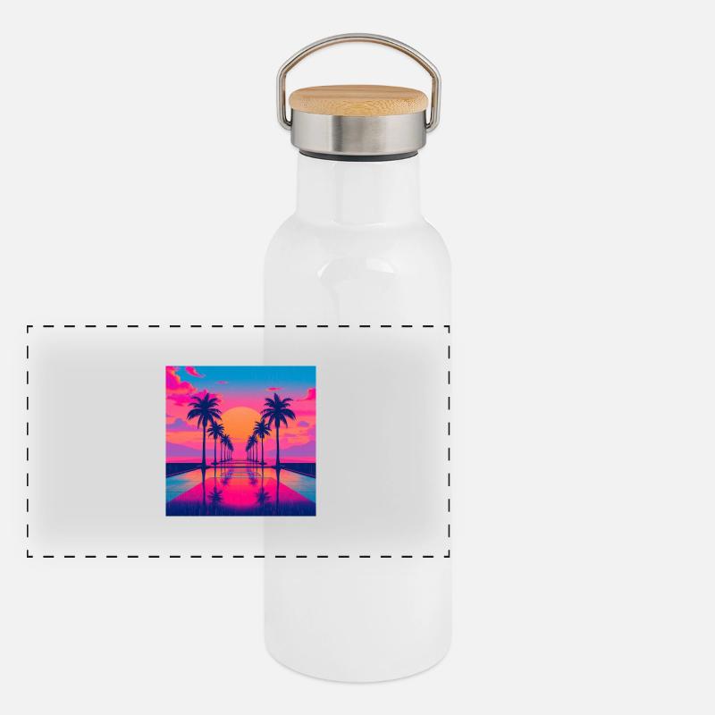 80s retro sunset scene featuring palm trees ne,mia Gourde isotherme avec bouchon en bambou