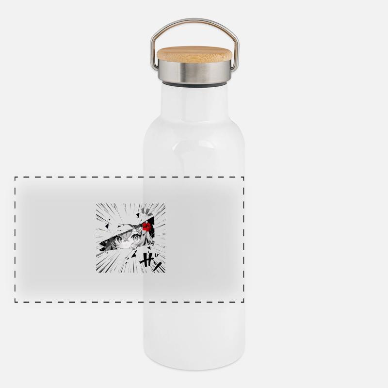 Anime-Mädchen mit roter Blume Panorama Thermosflasche mit Bambusdeckel