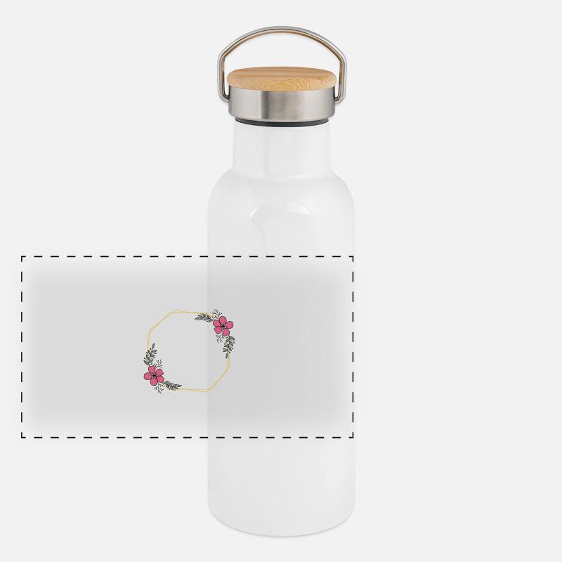 Octogone jaune doré - Fleurs rouges et feuilles vertes Gourde isotherme avec bouchon en bambou