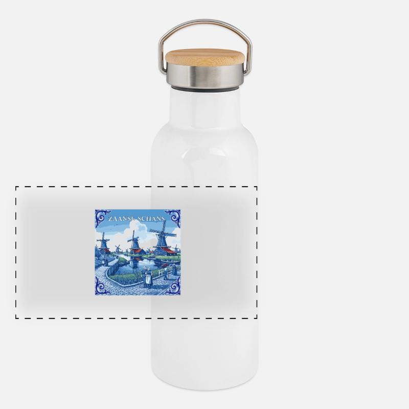 Zaanse Schans Delfter Blau Panorama Thermosflasche mit Bambusdeckel