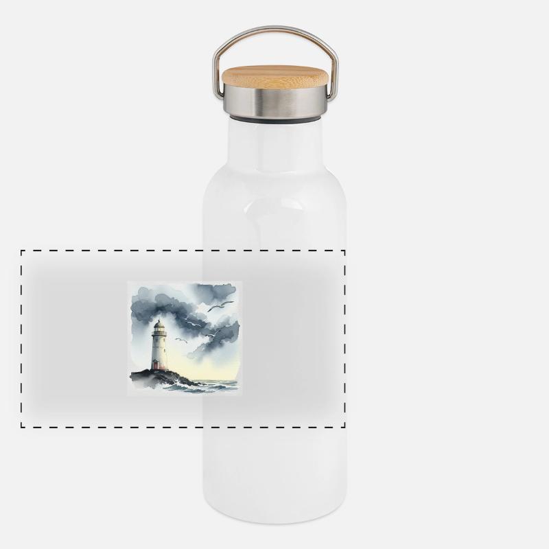 Ein einsamer Leuchtturm - Panorama Thermosflasche mit Bambusdeckel - Weiß