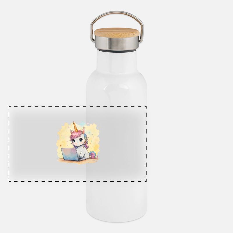 programmierendes Einhorn Panorama Thermosflasche mit Bambusdeckel