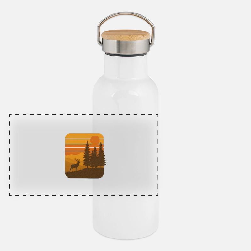 Sunset Silence – Retro Deer & Forest Vibes Panorama Thermosflasche mit Bambusdeckel