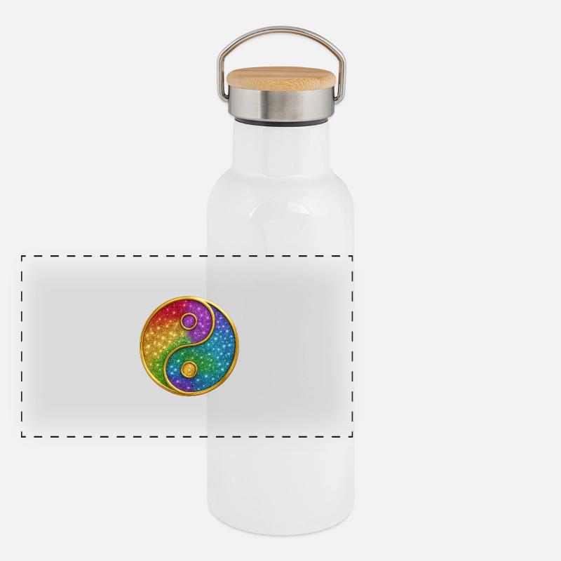 Rainbow Yin Yang Symbol Glitter Gold Sequins Panoramic Thermal Bottle with Bamboo Lid