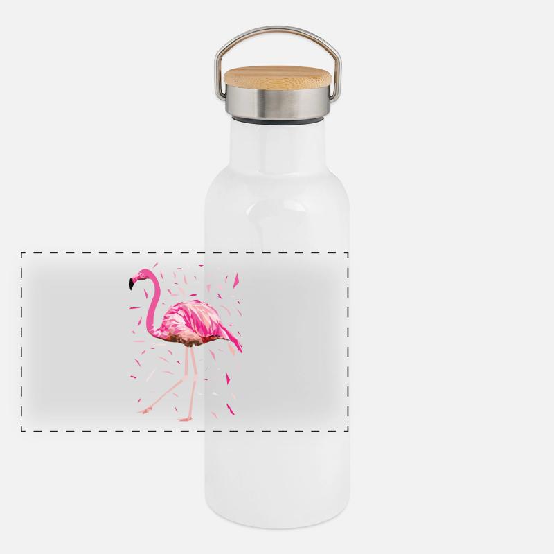 Flamingo Poly Federn pink rosa Vogel Sommer Panorama Thermosflasche mit Bambusdeckel