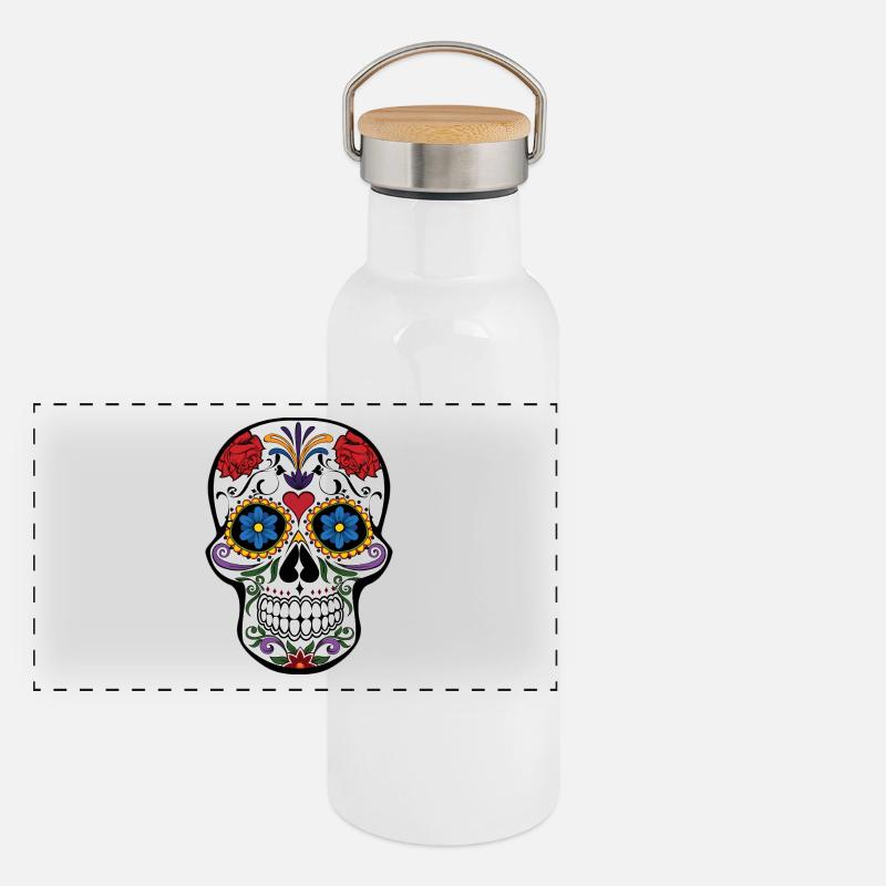 Crâne Fleurs de crâne Gourde isotherme avec bouchon en bambou