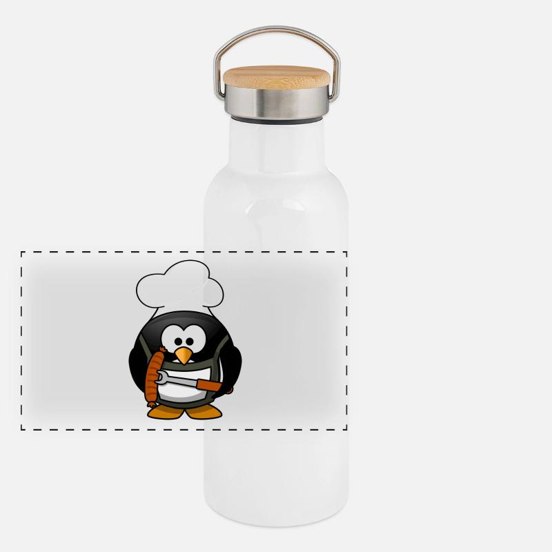 Boiling penguin with bratwurst. Gift Panoramic Thermal Bottle with Bamboo Lid