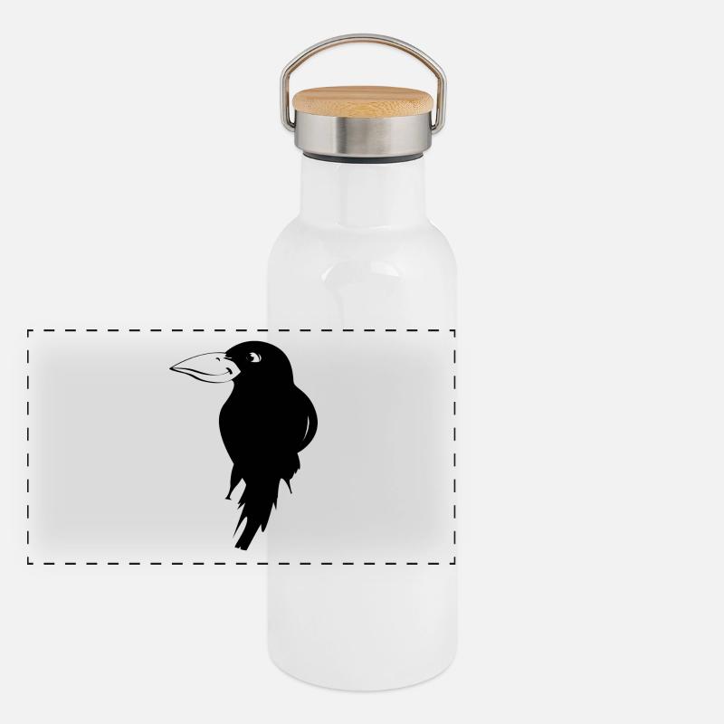 Black raven with a friendly face. Panoramic Thermal Bottle with Bamboo Lid