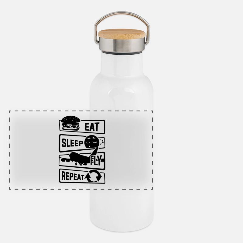 Eat Sleep Fly Repeat - Flugzeug Pilot Flieger Flug Panorama Thermosflasche mit Bambusdeckel