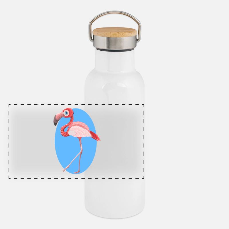 Flamingo - Panorama Thermosflasche mit Bambusdeckel - Weiß
