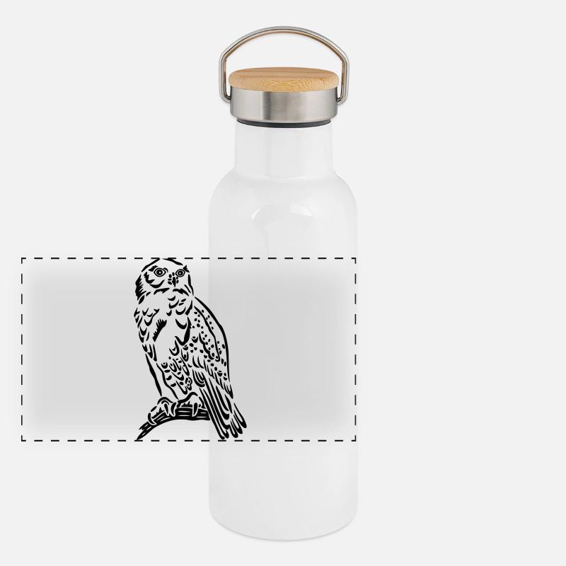 Schöne Schneeeule im Tattoo Style. Panorama Thermosflasche mit Bambusdeckel