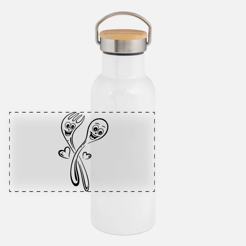 Löffel und Gabel mit Herzen. Panorama Thermosflasche mit Bambusdeckel