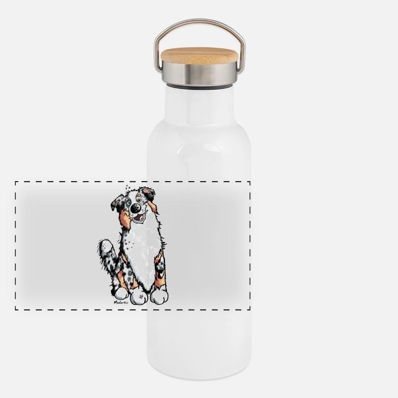Fröhlicher Australian Shepherd Panorama Thermosflasche mit Bambusdeckel
