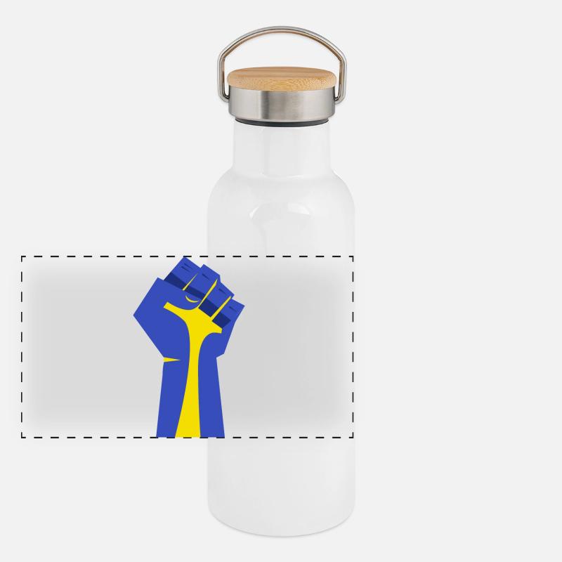 Die erhobene Faust (blau, gelb) Panorama Thermosflasche mit Bambusdeckel