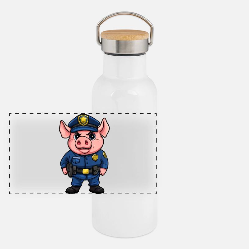 Schweine Polizei Panorama Thermosflasche mit Bambusdeckel