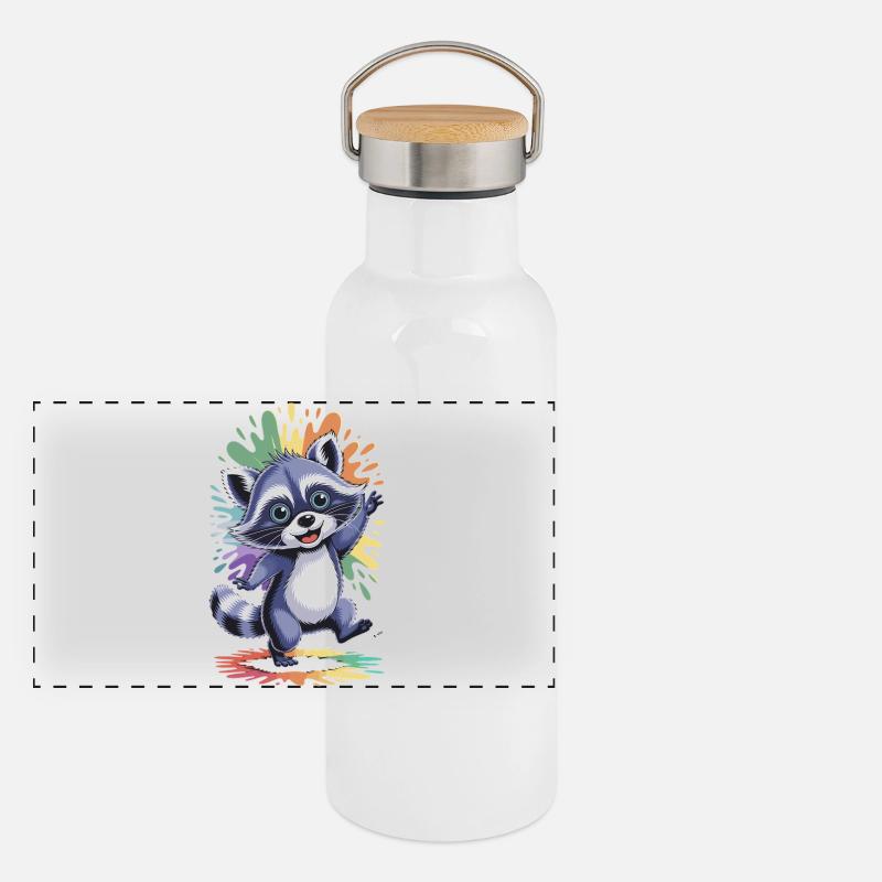 Fröhlicher Waschbär mit Farben Panorama Thermosflasche mit Bambusdeckel