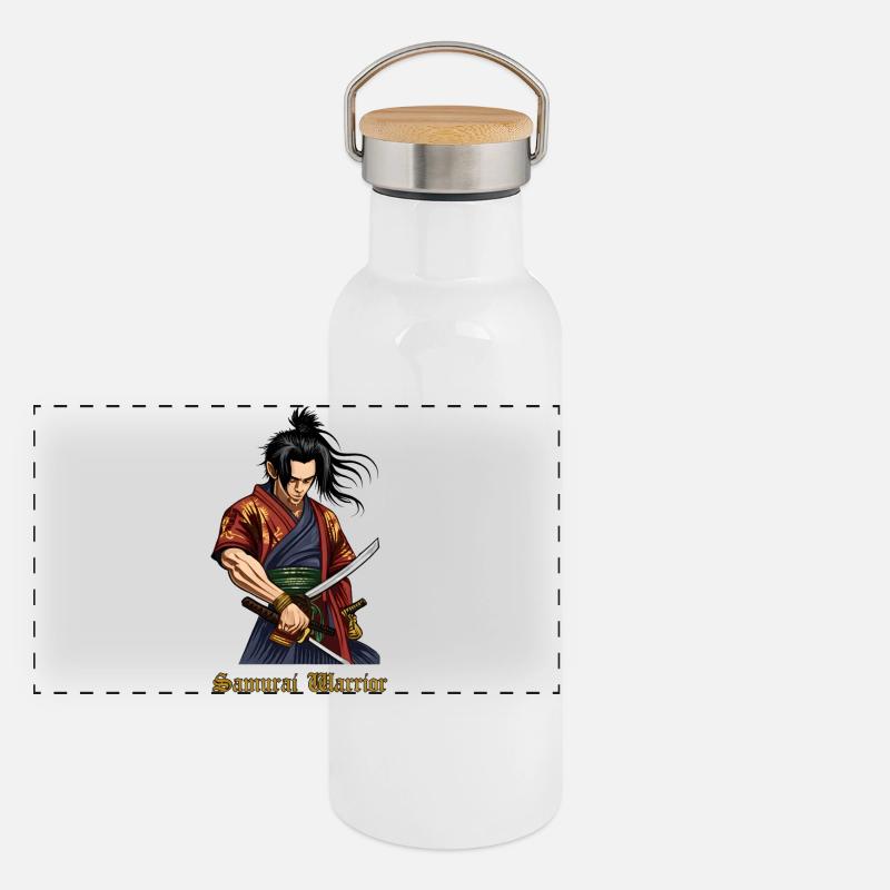 Samurai Warrior – Japanischer Krieger mit Katana Panorama Thermosflasche mit Bambusdeckel