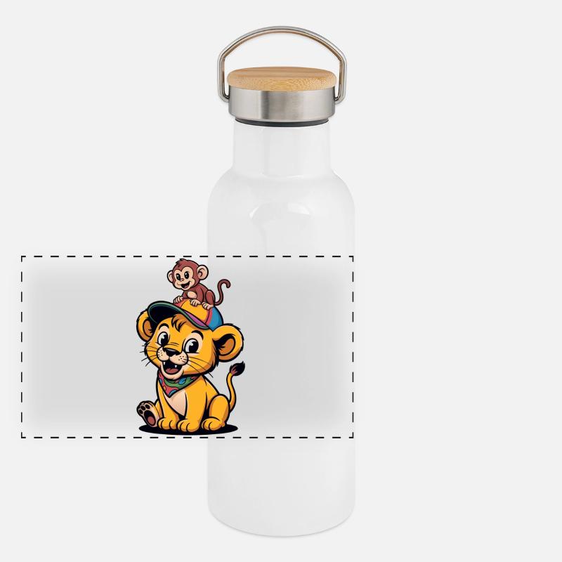 Lion et Singe mignons – Meilleurs amis Gourde isotherme avec bouchon en bambou
