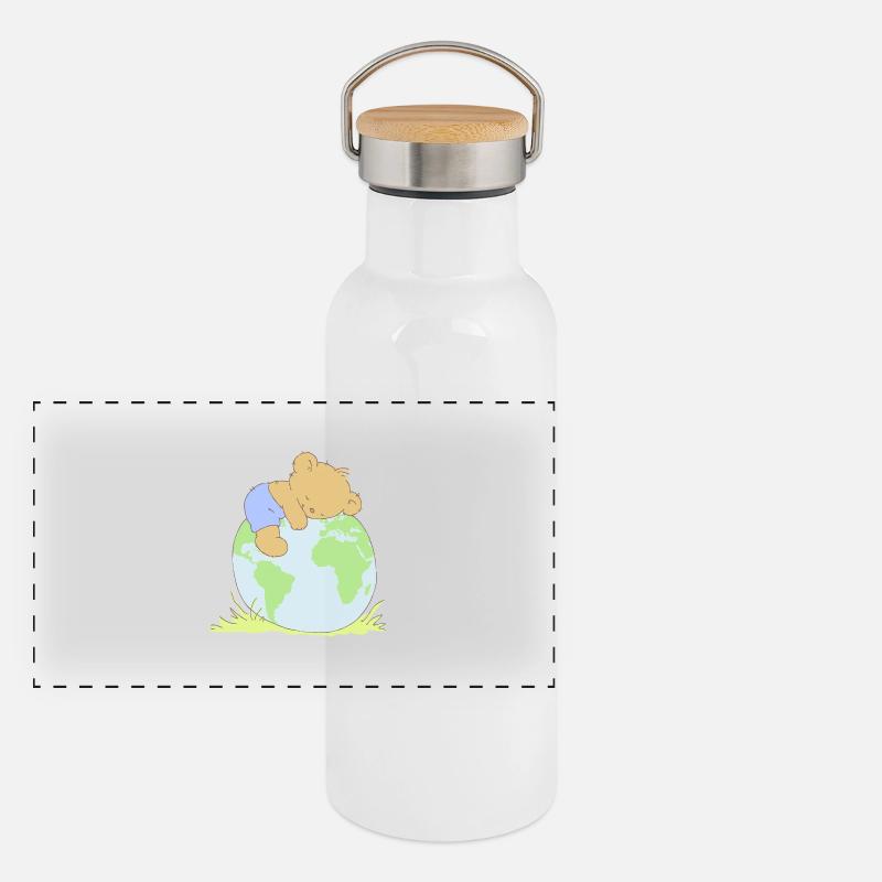 Cute Teddy Bear hugging world globe. Panoramic Thermal Bottle with Bamboo Lid
