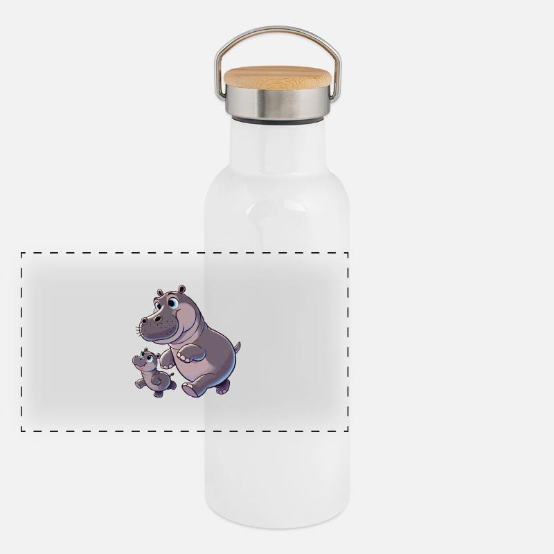 Nilpferd-Mutter mit herumtollendem Kind Panorama Thermosflasche mit Bambusdeckel