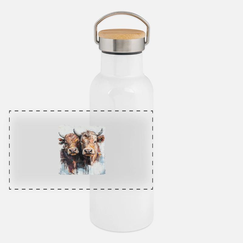 Zwei Jungbullen oder zwei Kühe? Panorama Thermosflasche mit Bambusdeckel