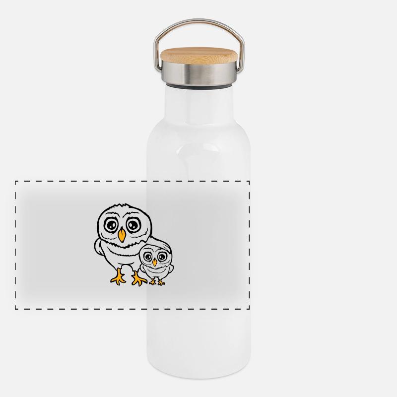 2 Eulen Papa Mama Kind Baby Familie Mutter Vater Panorama Thermosflasche mit Bambusdeckel