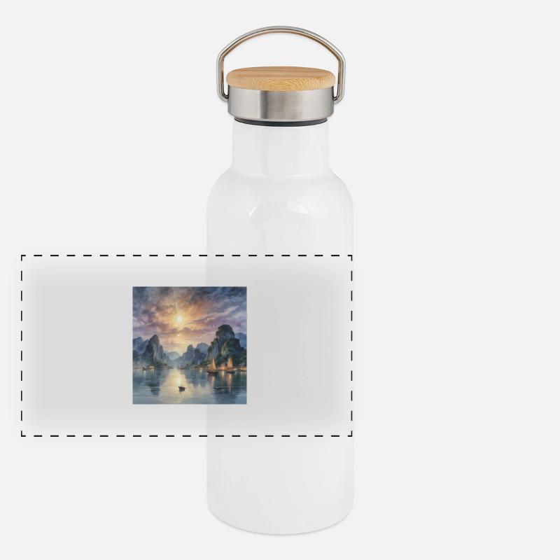 Mystische Abenddämmerung in Fernost Panorama Thermosflasche mit Bambusdeckel