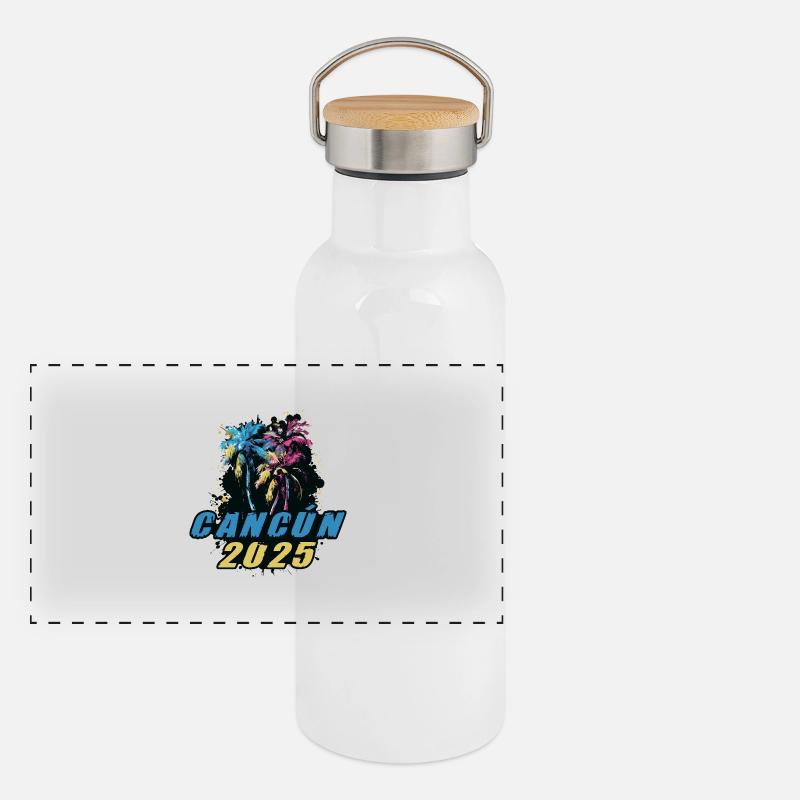 Cancun 2025 Holiday Palm Trees Colorful Panoramic Thermal Bottle with Bamboo Lid