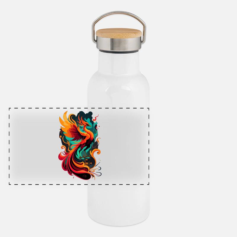 Phönix aus der Asche – Feuervogel der Wiedergeburt Panorama Thermosflasche mit Bambusdeckel