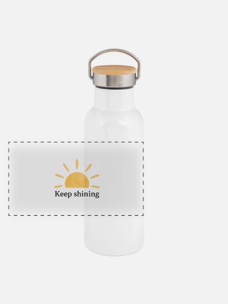 Keep Shining – Sonne – Minimalistisch - Panorama Thermosflasche mit Bambusdeckel - Weiß - Vorne
