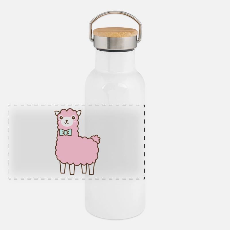 fluffy Lama - Panorama Thermosflasche mit Bambusdeckel - Weiß