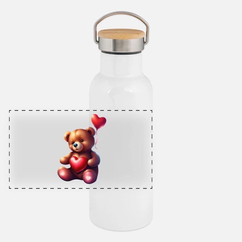 Entzückender Teddybär mit rotem Herz Panorama Thermosflasche mit Bambusdeckel