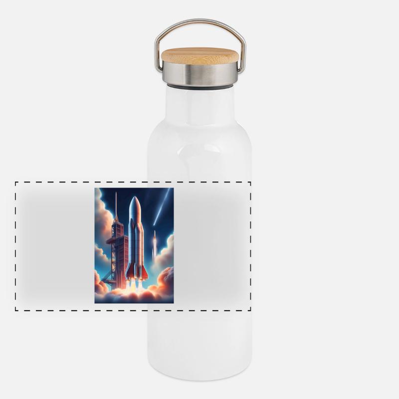 Ein realistisches Raketenstart-Design Panorama Thermosflasche mit Bambusdeckel