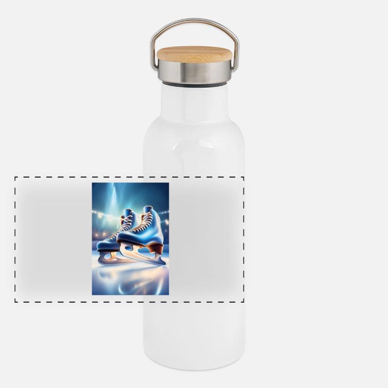 Blaue Schlittschuhe Panorama Thermosflasche mit Bambusdeckel