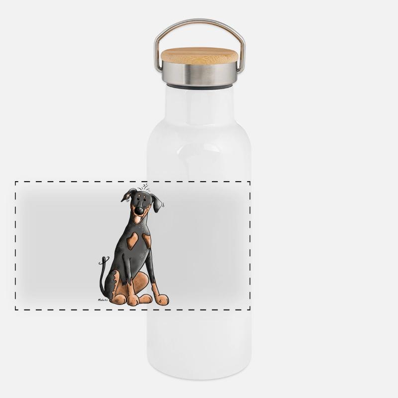 Drolliger Dobermann Panorama Thermosflasche mit Bambusdeckel