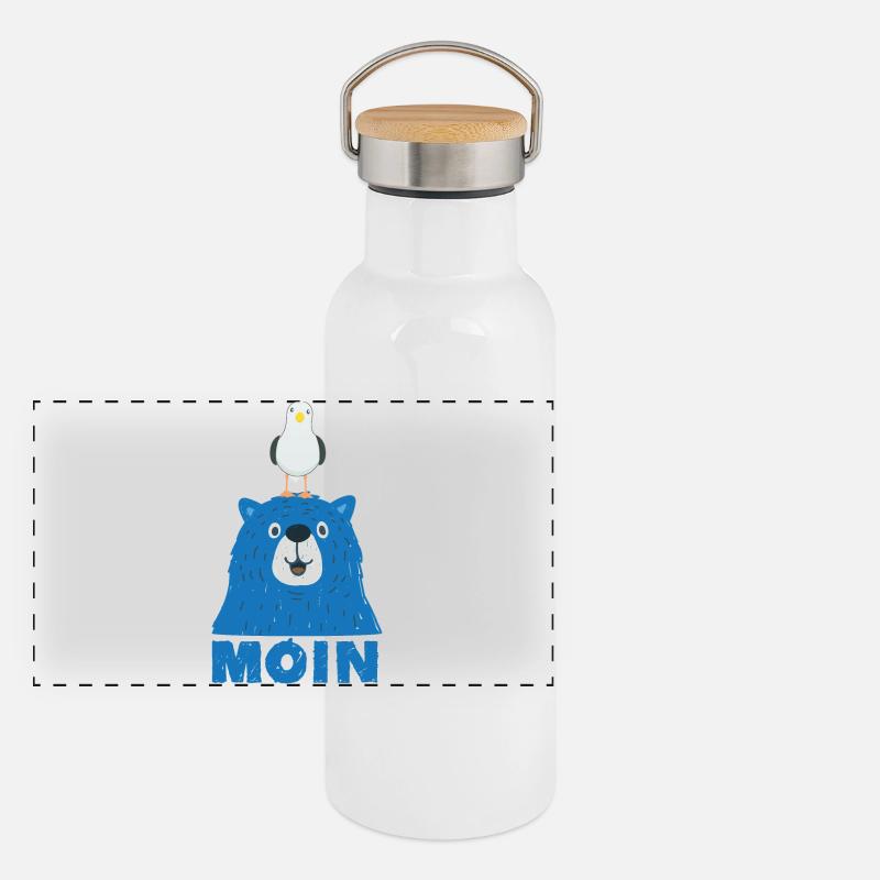 Blauer Bär mit Möwe Kopf Moin Hamburger Dialekt  Panorama Thermosflasche mit Bambusdeckel