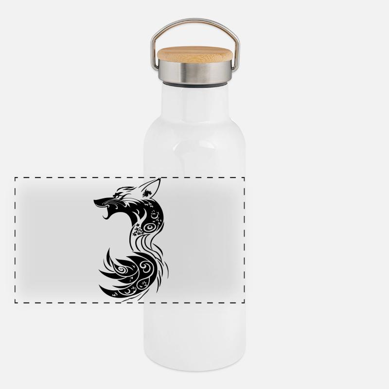 Schwarzer Tribal Fantasy Fuchs Panorama Thermosflasche mit Bambusdeckel