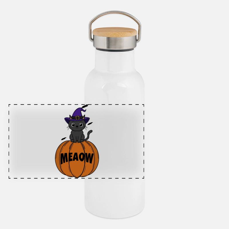 Katze  Halloween Panorama Thermosflasche mit Bambusdeckel