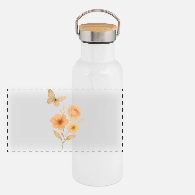 Fleurs pastel avec papillon Gourde isotherme avec bouchon en bambou