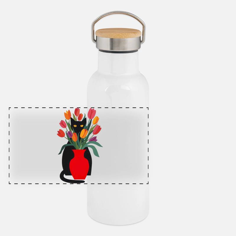 Schwarze Katze und Tulpen Panorama Thermosflasche mit Bambusdeckel