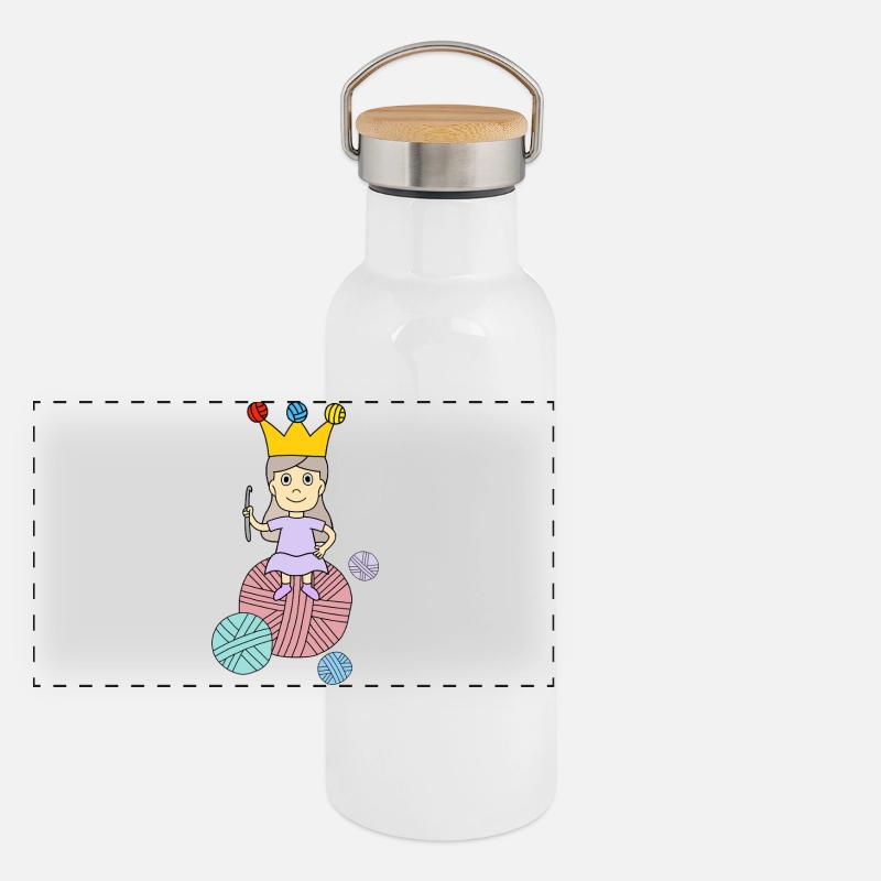 Kleine Strickkönigin mit Garnkugel Panorama Thermosflasche mit Bambusdeckel