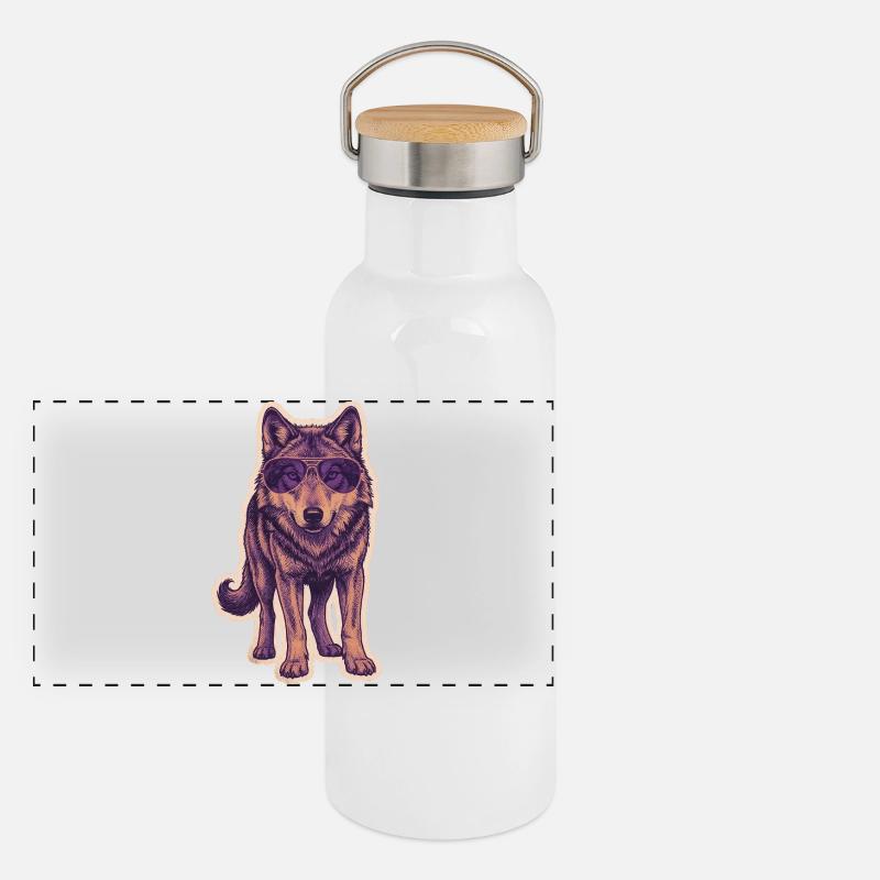 Wolf Mit Sonnenbrille Panorama Thermosflasche mit Bambusdeckel