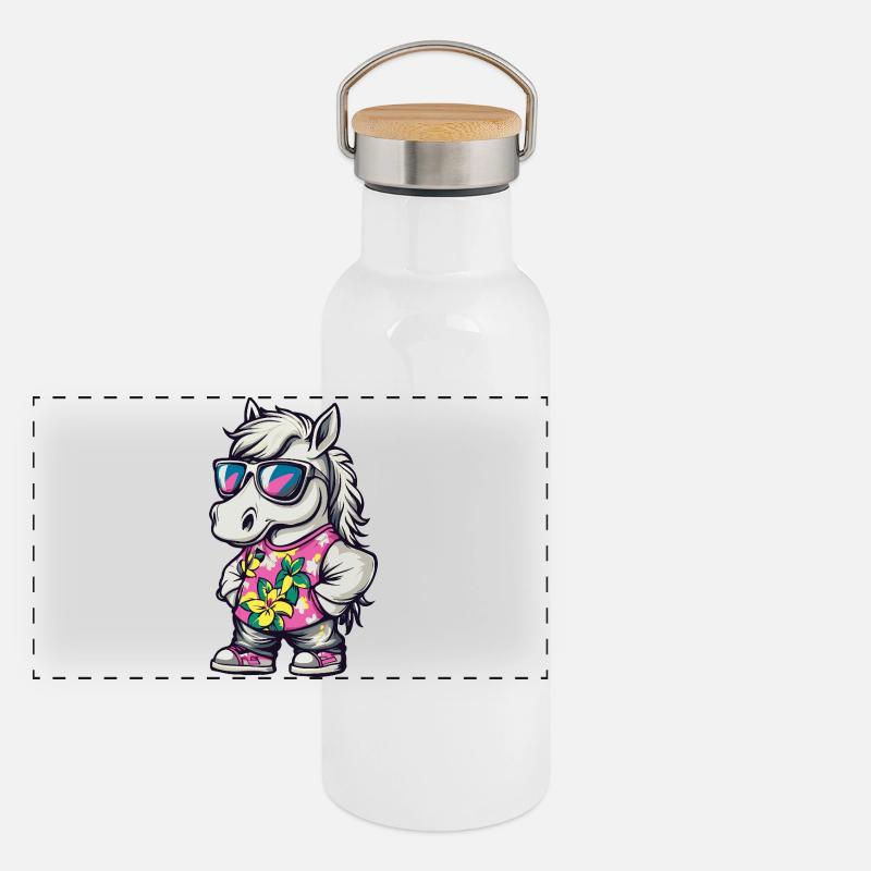 Pferd Comic Urlaub Panorama Thermosflasche mit Bambusdeckel